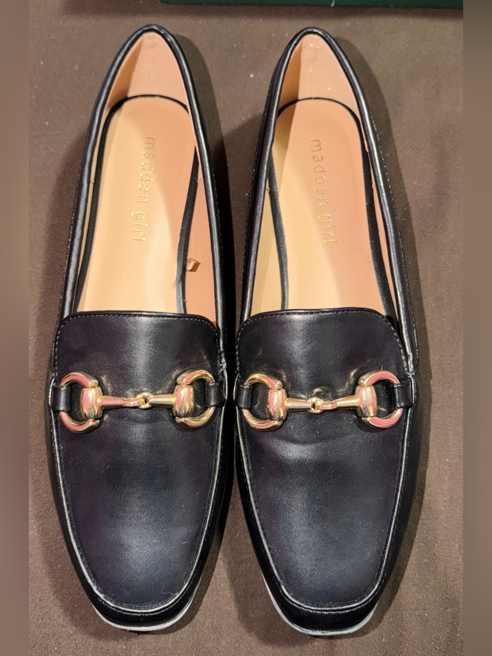 NWOT. Madden Girl Black Leather Loafers with Gold Horsebit